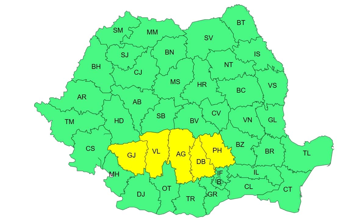 Cod galben de ploi în Gorj și vreme rece în weekend