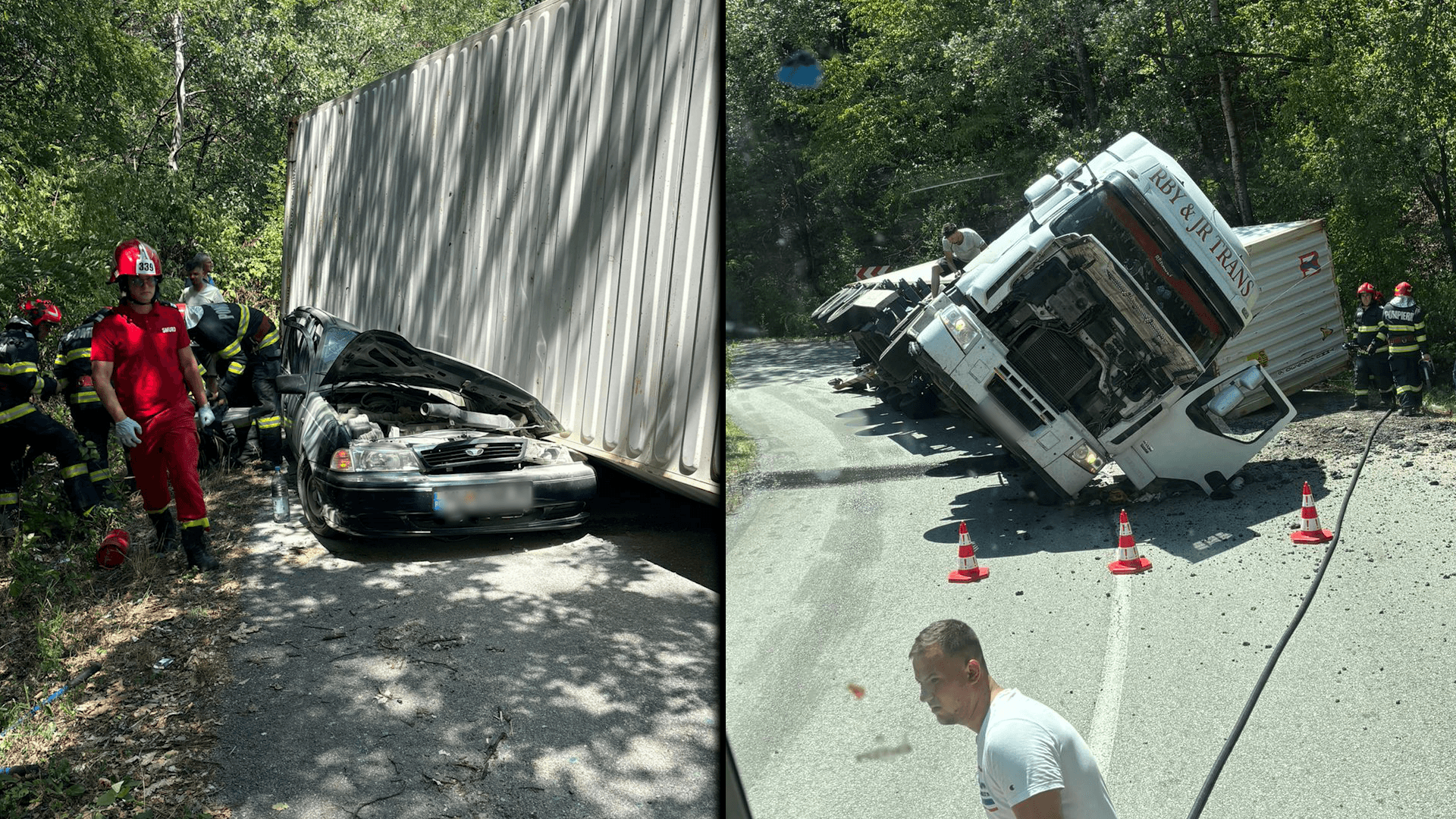 Container prăbușit peste mașină la Florești