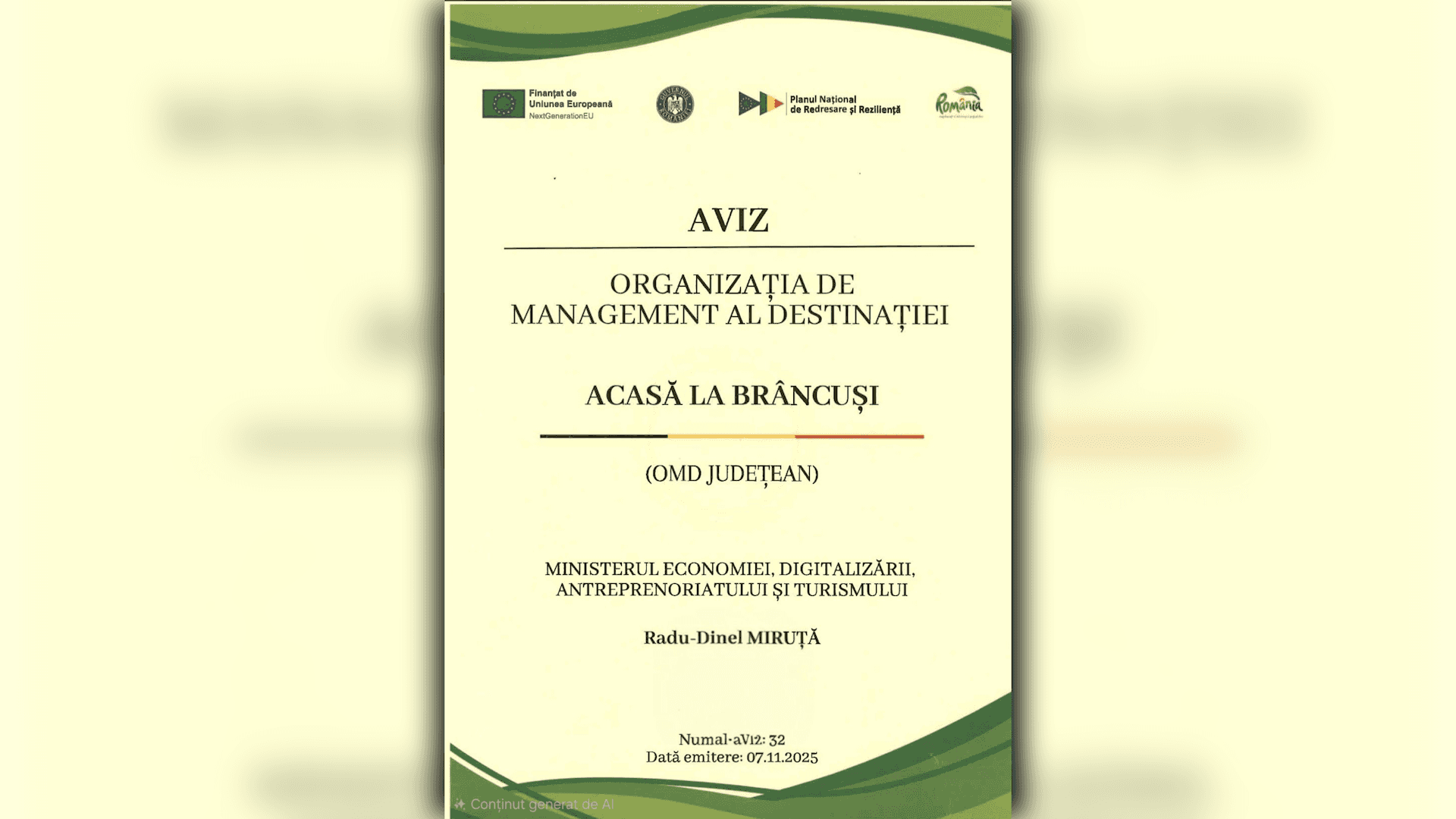 Ministerul Economiei aprobă înființarea OMD „Acasă la Brâncuși”