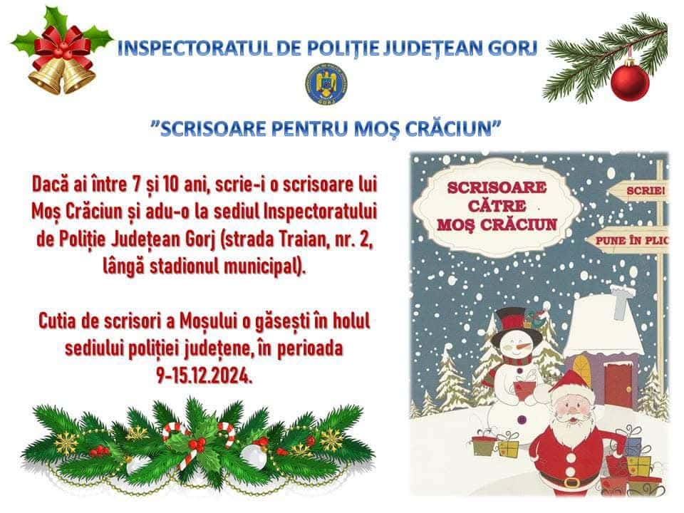 Concurs de scrisori pentru Moș Crăciun organizat de IPJ Gorj pentru copii