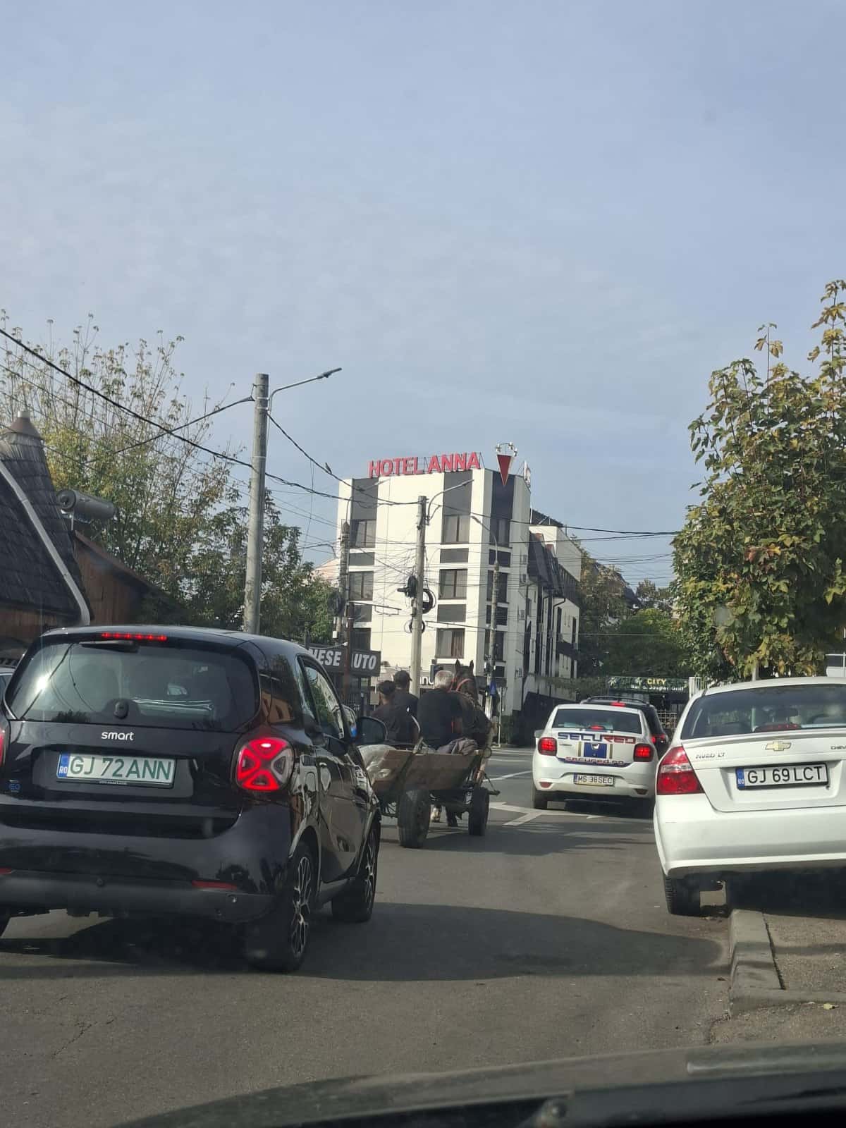 O căruță a „defilat” printre mașini chiar în centrul municipiului Târgu Jiu