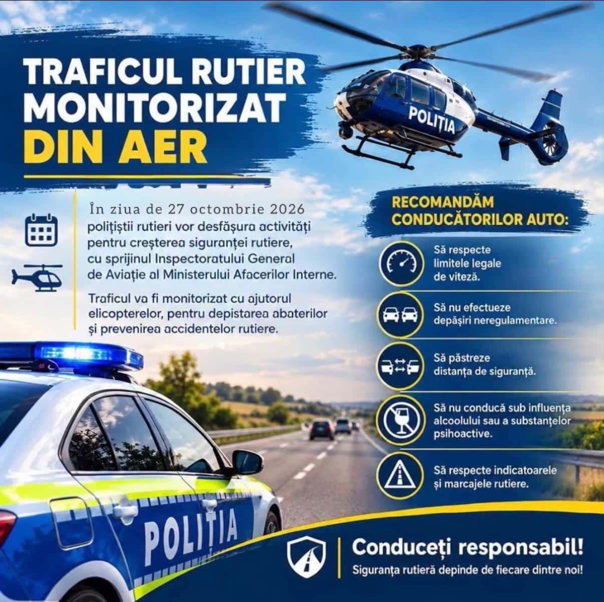 Traficul rutier din Gorj va fi monitorizat din elicopter